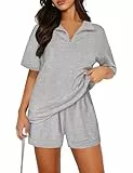 Aottori Jogginganzug Damen Kurze Trainingsanzüge Baumwolle Tracksuit Revers Elegant Loungewear Sommer Sport Set Lose Activewear 2 Teiler Outfit mit Taschen für Running Fitness Grau XXL