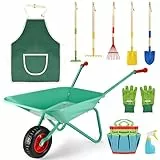 GOLDGE Schubkarre Kinder, 10 Stück Kinder Gartengeräte Set mit 5pcs Gartenwerkzeug Schaufel Set, Werkzeugtasche, Gießkanne, Schürze, Handschuhe, Perfekt Gartengeräte Schubkarre Spielzeug für Draußen