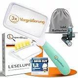 LupenRhein® Große Lupe mit Licht inkl. Batterien - Klappbare Leselupe mit Licht für Senioren groß - 3X Vergrößerungsglas - Handliche Leselupe für Senioren groß mit dimmbaren Licht