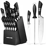 KITCANIS Messerset mit Messerblock Set 17 teilig, Messerblöcke mit Messer Schwarz, Profi Küchenmesser Edelstahl Scharf, Inklusive Küchen Schere und Schärfer, Massivholzmesserblock