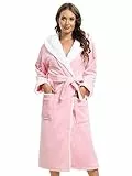 vislivin Bademantel Damen mit Kapuze Flauschig Bademantel Lang Warm Morgenmantel Fleece Robe Women Pink S