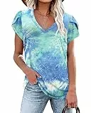 PLOKNRD Damen Tops V-Ausschnitt Blütenblatt Ärmel T-Shirt Sommer Freizeit Kurzen Ärmeln Strand Oberteile(Tie Dye Bleu,XXL)