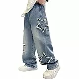Rolanko Baggy Jeans Jungen, Weites Bein Elastischer Taille und Mehreren Taschen, Cargo Hosen Jeans für Kinder, Blau Patches, 11-12 Jahre, 160