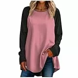 Damen Langarm Shirt Patchwork Casual Top Rundhalsausschnitt Casual Basic Shirt Top Rosa L