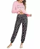 Bresdk Schlafanzug Damen Lang Winter Pyjama Set Zweiteiliger Baumwolle Nachtwäsche mit Bündchen Rosa M
