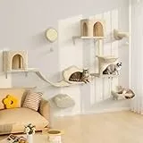BYBYME Kratzbaum Wand Mit HäNgematte Und Bett, Hohe Katzenregale FüR Mehrere Katzen, PlüSch-Sitzstange, Kratzbrett Und Sisal-Beschichtete Pfosten, 6PCS Langlebiges KatzenklettermöBel (Beige)