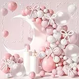 Rosa und Weiß Luftballons Bogen, 134pcs Pastell Rosa Ballonbogen mit Schleife Lange Luftballons Weiß und Bogen Ballon Girlande Kit für Baby Shower Geburtstag Mädchen Hochzeit Party Dekorationen