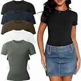 YOIOWVY 5er-Pack Tshirt Damen Basic T-Shirts für Damen Rundhalsausschnitt Shirts für Frauen, lässig, Basic, tailliert, dehnbar, T-Shirts