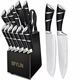 BFYLIN Messer set, 15 Teiliges Küchenmesser set mit Holzblock, Messer block set,Santokumesser Kochmesser Brotmesser Schälmesser Steakmesser Anspitzer (15 Stücke Set Schwarz)