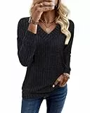 Tanmolo Damen Pullover Herbst Leicht Langarm V-Ausschnitt Elegant Oberteile Strickpullover Rippenoptik Dunkelgrau, M