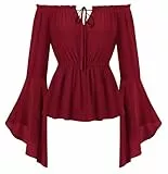 SCARLET DARKNESS 2025 Renaissance Trachtenbluse Schulterfrei Roter Blusen Langarm Vintage Piratenkostüm Damen Lace-up Dindl Bluse S
