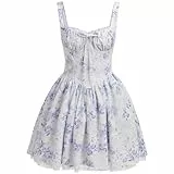 IBTOM CASTLE Damen Blumen Korsett Kleid Spaghettiträger Minikleid Sommer Boho-Kleid Rüschen Sonnenkleid Lässig Flowy Bustier Kleider Kurz-Blaue Blume S