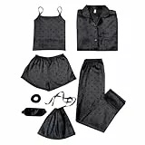 Jamron Mädchen 7PCS Satin Pyjama Set Frühling Sommer Herbst Tops & Kurze Hose Nachtwäsche SN07655-2 Schwarz Herz-2 160CM
