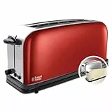 Russell Hobbs Toaster [Langschlitz für 2 Scheiben / 1 breite Brotscheibe] Colours+ Edelstahl Rot (extra breite Toastschlitze, inkl. Brötchenaufsatz, 6 Bräunungsstufen + Auftaufunktion, 1000W) 21391-56