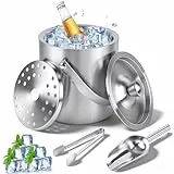 Dreamhigh 2L Eiswürfelbehälter, Edelstahl Eiskübel mit Deckel, Zange, Eisschaufel und Einem Sieb, Hält Getränke 6-8 Std, Eisbehälter für Partys, Riegel, Perfekt zum Abkühlen von Getränken, Bier