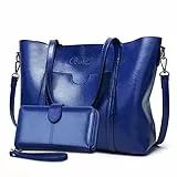 BestoU Damen Handtasche Leder Groß Tasche Shopper Schultertasche Umhängetasche Henkeltasche Damen 2pcs Set (Blau)