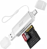 acer SD Kartenleser, Dual USB 3.0 USB C Stecker Kartenlesegerät, Aluminium OTG Adapter SD Card Reader Speicherkartenleser für SD/Micro SD/TF/SDHC/SDXC, iPhone 15-16/Android/Windows/macOS usw.-Silber
