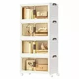 SONGMICS Aufbewahrungsboxen, 4 Ebenen, Organizer mit 1 Deckel, Stapelboxen auf Rollen, Plastikboxen, magnetische Tür, Ordnungsboxen, weiß, 55 L pro Ebene, 220 L insgesamt RLB460WZ01