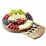 RAXCO Akazienholz Käsebrett Geschenkset mit Schieferplatte, 32 cm rundes Charcuterie-Brett mit versteckter Schublade und 4 speziellen Käsemessern