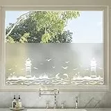 dktie Fensterfolie Blickdicht Sichtschutzfolie Fenster Milchglasfolie Leuchtturm Muster Statische Aufkleber ohne Klebstoff Wiederverwendbar Geeignet für Wohnzimmer, Schlafzimmer, Küche 44,5 x 200 cm