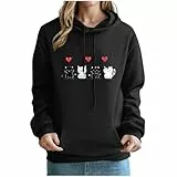 KOG Hoodie für Damen Baumwolle Hooded Sweatshirt Katzen-Drucken Sweatshirt mit Kapuze 2025 Teenager Mädchen Pullover Freizeit Oberteile Frauen Winter Regular Bekleidung Hoodies Schwarz L