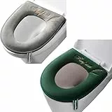 2 Stück weiche WC-Sitzbezüge mit Griff, Toilettendeckelbezug, Kissen, weich, dicker, waschbar, passend für alle ovalen WC-Sitze (grau + grün, Reißverschluss)