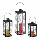 Relaxdays Laternen 3er Set, Dekolaternen für draußen & drinnen, 3 Größen, Metall & Glas, Windlichter für Kerzen, schwarz