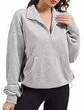 Florboom Damen-Sweatshirts mit Viertelreißverschluss, übergroße Sweatshirts, Kordelzug, lässiger Pullover mit Taschen, GRAU, M