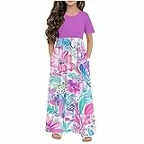 XINYUNZU Mädchen Kleider Lang Kurzarm Retro Kleid mit Taschen Freizeitkleid Sommerkleid Casual Dress Girl Kinderkleider Mädchenkleider für Kinder Lila 5 Jahre