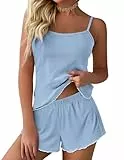 Ekouaer Damen Schlafanzüge Kurz Gerippt Zweiteiliger Pyjama Set mit Trägern Nachtwäsche Cami Top und Shorts Blau S