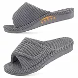 Litfun Orthopädische Damen Hausschuhe mit Memory Foam fussbett, Arch Support Verstellbarer Klettverschluss pantoffeln, Cord offene Zehen slipper Indoor Outdoor, Grau 39 EU