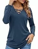 Totatuit T-Shirt Damen Elegant Kleidung V Ausschnitt Criss Cross Shirts Pullover Basic Langarm Oberteile Lässig Longshirt Longsleeve Tops Dunkelblau XXL