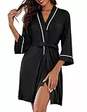 Ekouaer Bademantel Damen Kurz Morgenmantel Leicht Sommer 3/4 Ärmel Loungewear, Schwarz, M