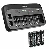 ABSINA Akku Ladegerät X10 für AA, AAA & 9V - Akkuladegerät inkl. 4X AA 2900 Akkus - NiMH Ladegerät 10-Fach für wiederaufladbare Micro AAA, Mignon AA & 9V Block Akkus - Batterieladegerät