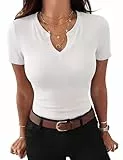 Gyabnw Basic Shirt Damen Kurzarm Oberteile mit V-Ausschnitt Figurbetont Sommer Tshirt Bluse Elegant Shirts Weiß