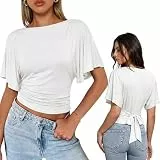 WIEIYM Damen Bluse mit Flügelärmeln Sommer Oberteil U-Boot-Ausschnitt Elegant Slim Fit Shirt mit Bindeband am Rücken Figurschmeichelndes Casual Top