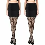 Lusofie 2 Paar Schwarz Spitzen Strumpfhose Netzstrumpfhose Mit Blumenmuster Strumpfhosen Spitze Transparent Hochtaillierte Dehnbare Und Sexy Strümpfe Damen Für Party Cosplay Alltag Festival