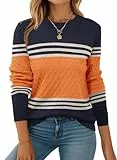 Zeagoo Pullover Damen Pulli Herbst Strickpulli Colorblock Strickpullover Elegant Oberteile Rundhals Langarm Sweater Tops Winter Orange M