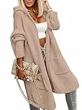 Tongmingyun Strickjacke Damen Lang Cardigan mit Kapuze Winter Grobstrickjacke Casual Lose Strickmantel Jacke Elegant Longstrickjacke Open Front Sweater Aprikose M