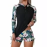 Owntop 2-teiliger Rash Guard Damen, Langarm Badeanzüge UV UPF 50+ Schwimmshirt, Reißverschluss Rash Weste, Blumen Bademode mit Hoch Tailliertem Boyshort Unterteil zum Schwimmen Surfen, Schwarz L