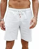 LVCBL Herren Leinen Shorts Sommer Kurz Hosen Leicht Atmungsaktiv mit Tunnelzug Weiß L