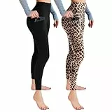 Leafigure 2er Pack Sport Leggings Damen High Waist Sporthose Damen Mit Taschen Gym Leggings Blickdicht für Sport Yoga Schwarze/Leopard SM