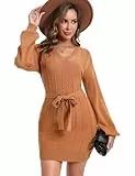 KOJOOIN Strickkleid Damen Pullikleid V Ausschnitt Langarm Zopfmuster Herbst Winter Grobstrick Pulloverkleid Knit Sweater Minikleid Mit Gürtel Khaki XXL