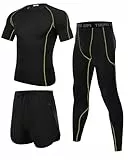 Wayleb Herren Fitness Kleidung Männer Workout Bekleidung Outfit Sportbekleidung 3 Teiliges Kompression Set Trainingsanzug Atmungsaktiv Kompressions Shirts für Herren, Schwarz+Fluoreszierend M