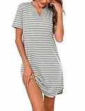 Litherday Nachthemd Damen Kurzarm Schlafshirt Baumwolle Sommer Sleepshirt Gestreifte Nachtwäsche Weiche Schlafkleid für Frauen