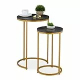 Relaxdays Satztisch, 2er Set, 2 Größen, Marmoroptik, Metall, runde Beistelltische, Wohnzimmer Couchtisch, schwarz/Gold