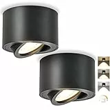 GeyouLux LED Aufbauspot Dimmbar - Extra Flach 30° Schwenkbar Ø80x50mm Deckenspots Schwarz - 5W 500LM LED Modul 230V - 3000K/4000K/6500K Aufbauleuchte Aufputz Spots Aufbaustrahler Rund 2 Stück