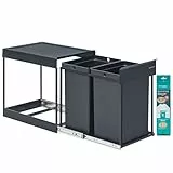 SONGMICS Mülleimer küche, Mülltrennsystem für Unterschrank, 2 x 20 L, Abfalleimer 2 Fächer, ausziehbar, Stahlrahmen, ABS-Deckel, grau LTB951GZ01