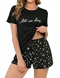 Crewhpo Schlafanzug Damen Kurzarm Pyjama Kurz Sommer Baumwolle Zweiteiliger Nachtwäsche Set mit Print Kurzer Loungewear Rundhalsausschnitt Nachthemd Kurzärmeliges