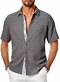 Meilicloth Sommerhemd Herren Kurzarm Leinenhemd Kurzarm Hemd Sommer Kurzarmhemd Kurze Freizeithemd Strandhemd Leinen Shirt Herren Button Down Hemden Casual Mode Hawaiihemd A Grau XL